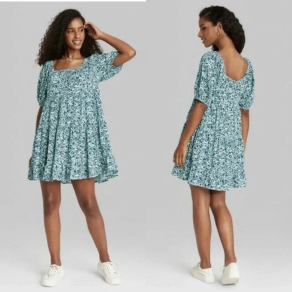 Wild Fable Blue Floral‎ Puff Sleeve Tiered Mini Dress Off Shoulder Small